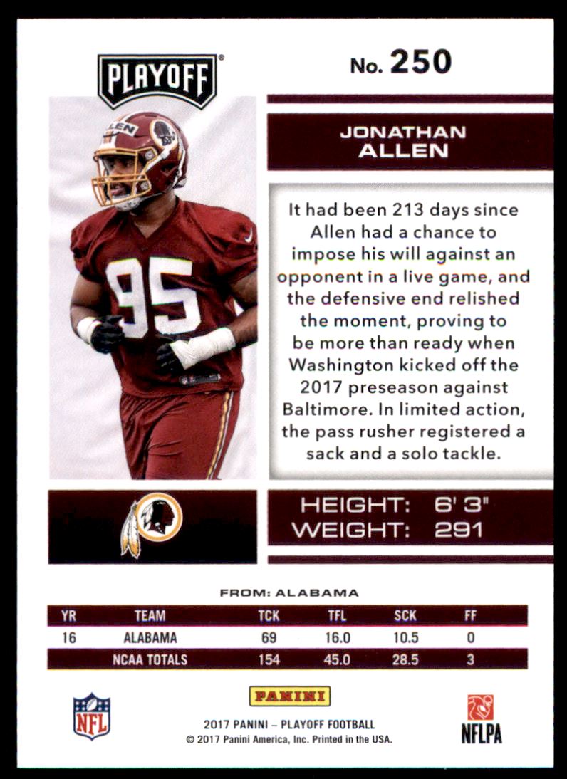 2017 Playoff 2nd Down #250 Jonathan Allen back image