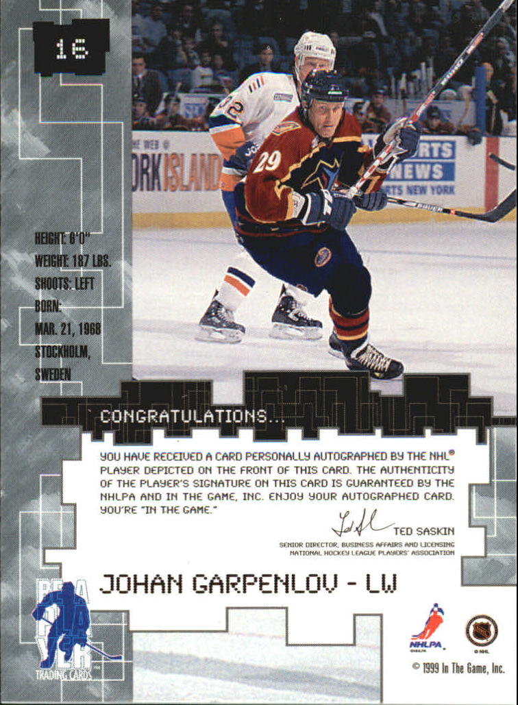 1999-00 BAP Millennium Autographs #16 Johan Garpenlov back image