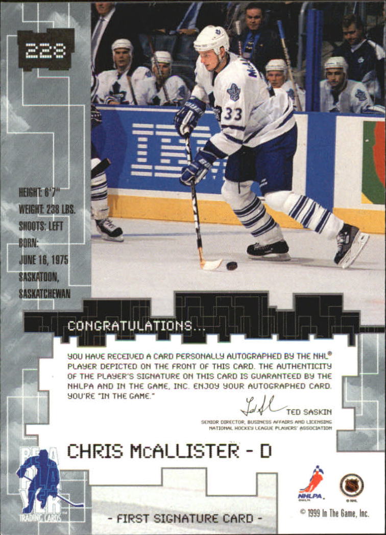 1999-00 BAP Millennium Autographs #228 Chris McAllister back image