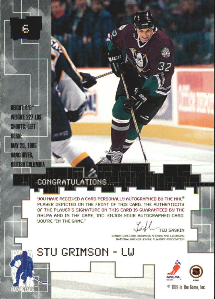 1999-00 BAP Millennium Autographs Gold #6 Stu Grimson back image