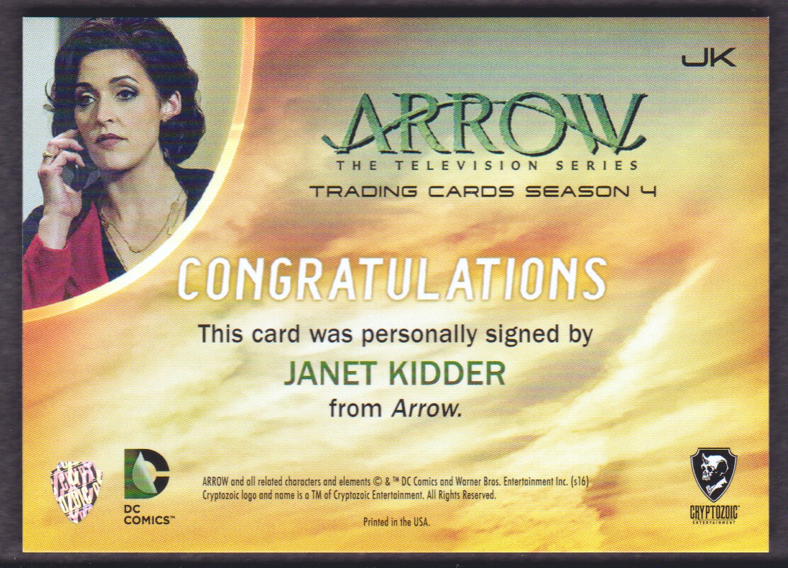 2017 Cryptozoic Arrow Season Four Autographs #JK Janet Kidder as Ruve Adams back image