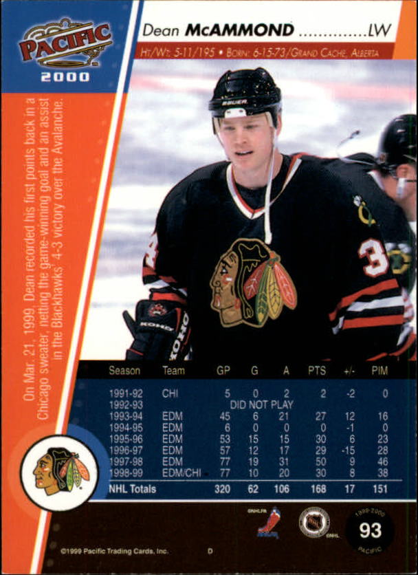 1999-00 Pacific Gold #93 Dean McAmmond back image