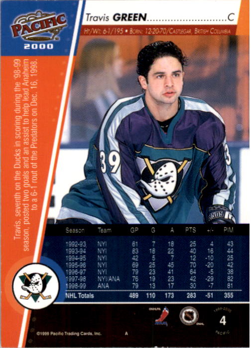 1999-00 Pacific Ice Blue #4 Travis Green back image