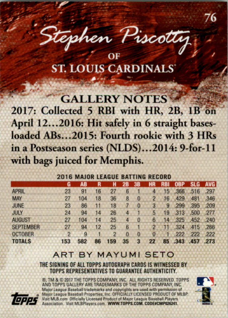 2017 Topps Gallery Autographs #76 Stephen Piscotty back image