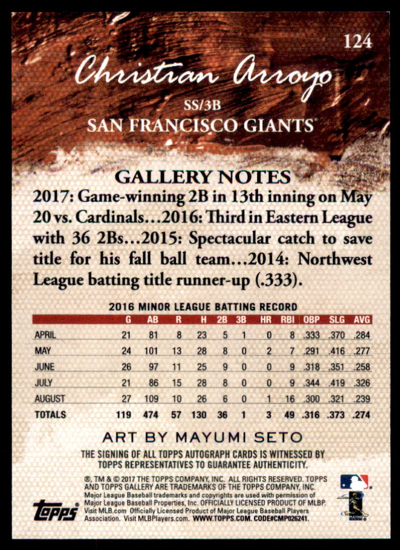 2017 Topps Gallery Autographs #124 Christian Arroyo back image