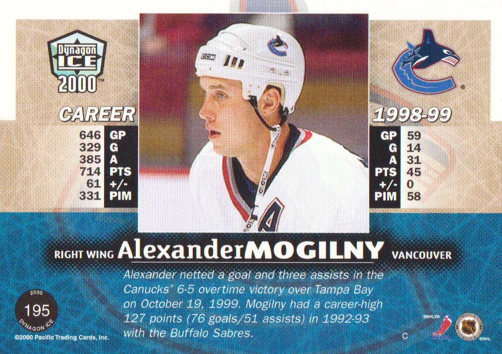 1999-00 Pacific Dynagon Ice Gold #195 Alexander Mogilny back image