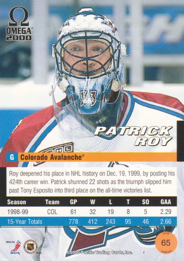 1999-00 Pacific Omega #65 Patrick Roy back image
