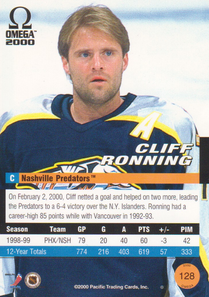 1999-00 Pacific Omega #128 Cliff Ronning back image