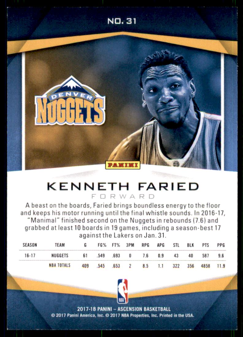 2017-18 Panini Ascension Blue #31 Kenneth Faried back image