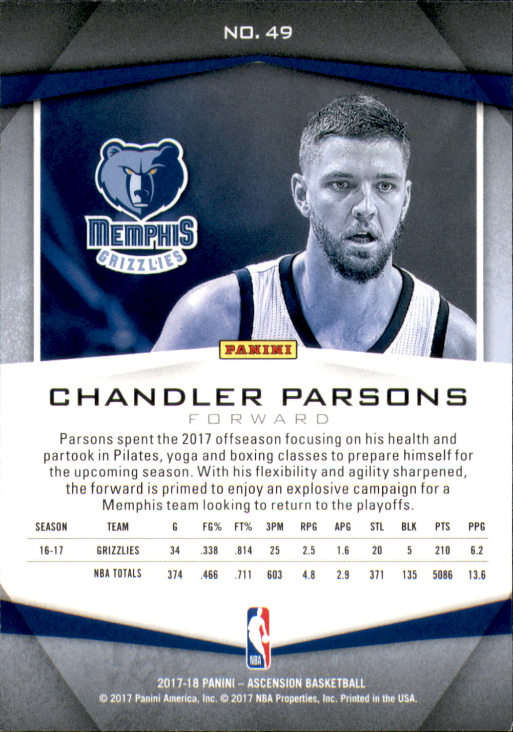 2017-18 Panini Ascension Blue #49 Chandler Parsons back image