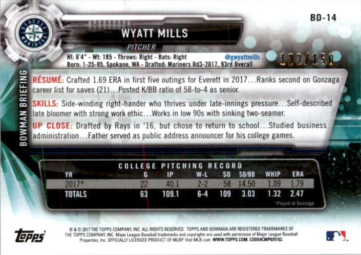 2017 Bowman Draft Blue #BD14 Wyatt Mills back image