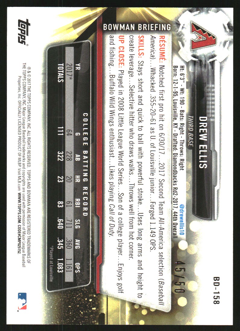 2017 Bowman Draft Gold #BD158 Drew Ellis back image