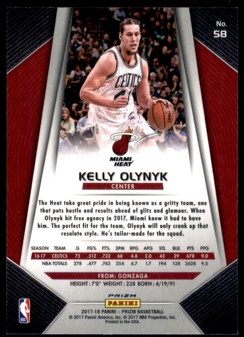2017-18 Panini Prizm Prizms Red White and Blue #58 Kelly Olynyk back image