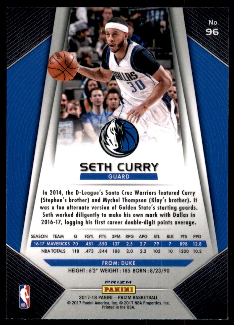 2017-18 Panini Prizm Prizms Red White and Blue #96 Seth Curry back image