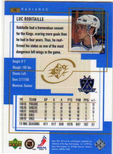 1999-00 SPx Radiance #75 Luc Robitaille back image