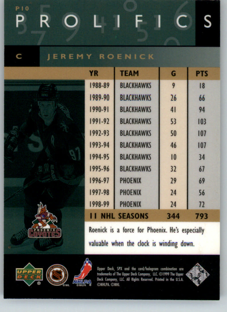 1999-00 SPx Prolifics #P10 Jeremy Roenick back image