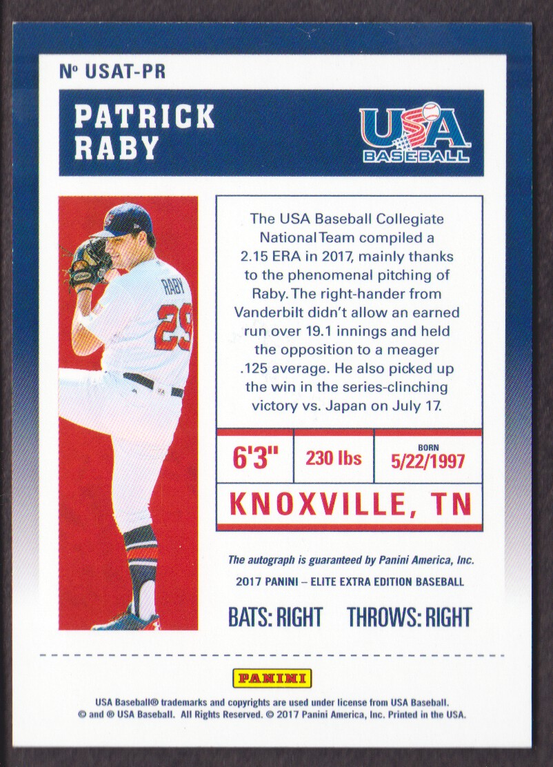 2017 Panini Contenders USA Baseball 15U and Collegiate National Team Cracked Ice Tickets #17 Patrick Raby back image