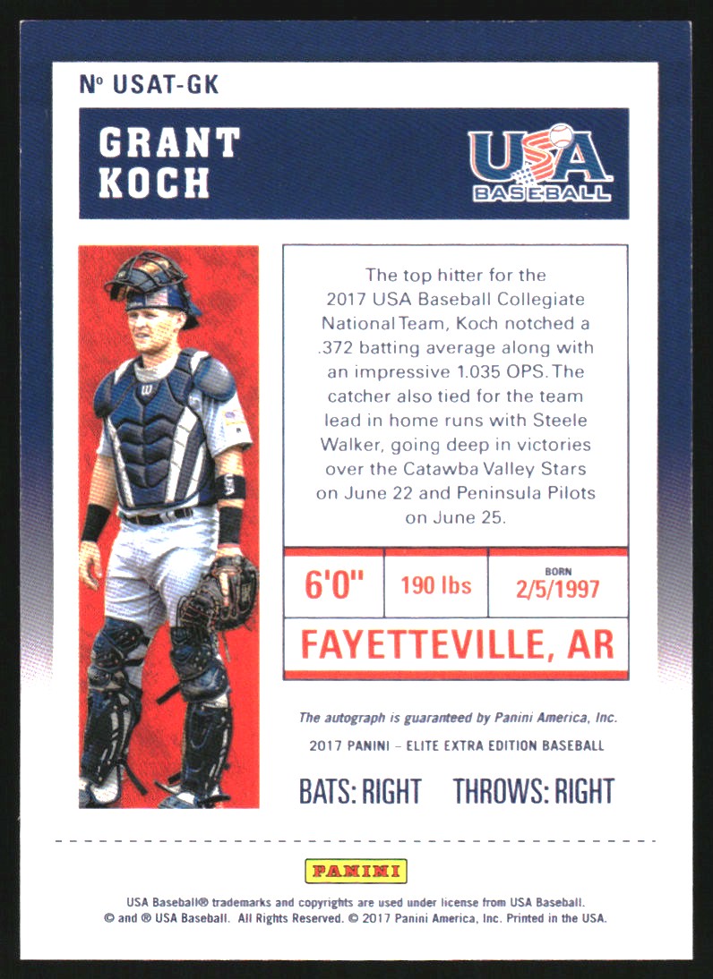 2017 Panini Contenders USA Baseball 15U and Collegiate National Team Tickets Gold #18 Grant Koch back image