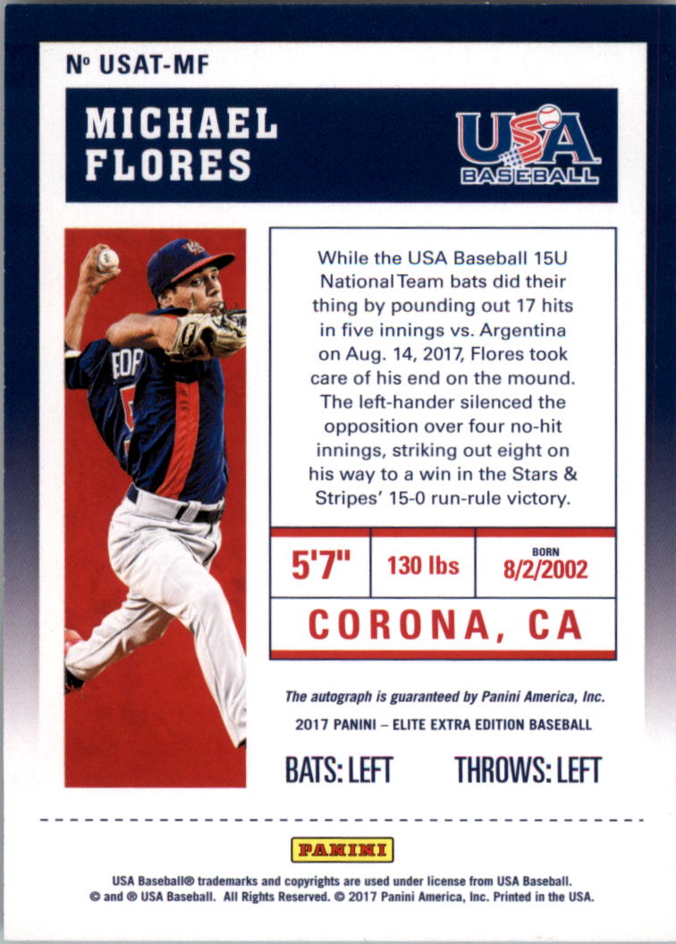 2017 Panini Contenders USA Baseball 15U and Collegiate National Team Tickets Gold #33 Michael Flores back image