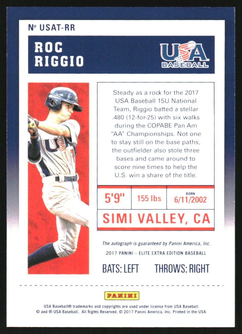 2017 Panini Contenders USA Baseball 15U and Collegiate National Team Tickets Gold #41 Roc Riggio back image