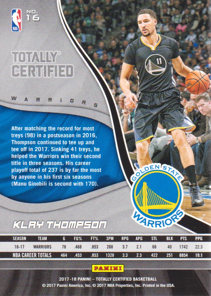 2017-18 Totally Certified #16 Klay Thompson back image