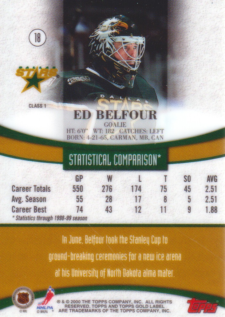 1999-00 Topps Gold Label Class 1 #18 Ed Belfour back image