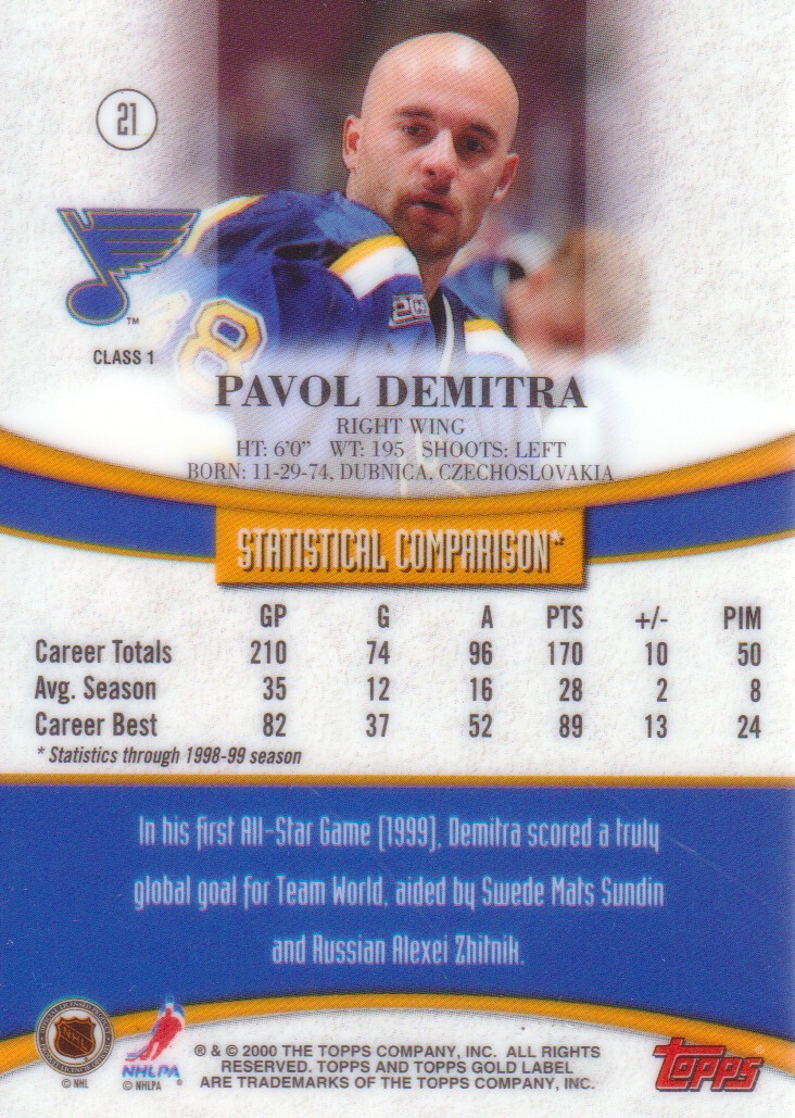 1999-00 Topps Gold Label Class 1 #21 Pavol Demitra back image