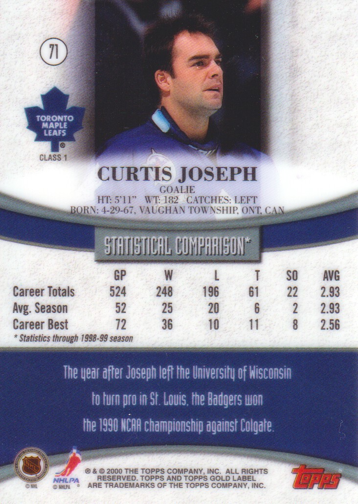 1999-00 Topps Gold Label Class 1 #71 Curtis Joseph back image