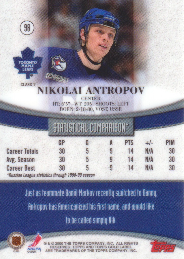 1999-00 Topps Gold Label Class 1 #98 Nikolai Antropov RC back image