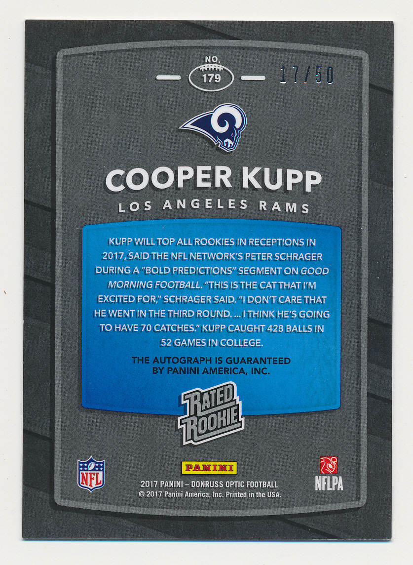 2017 Donruss Optic Rated Rookies Autographs Red #179 Cooper Kupp/50 back image