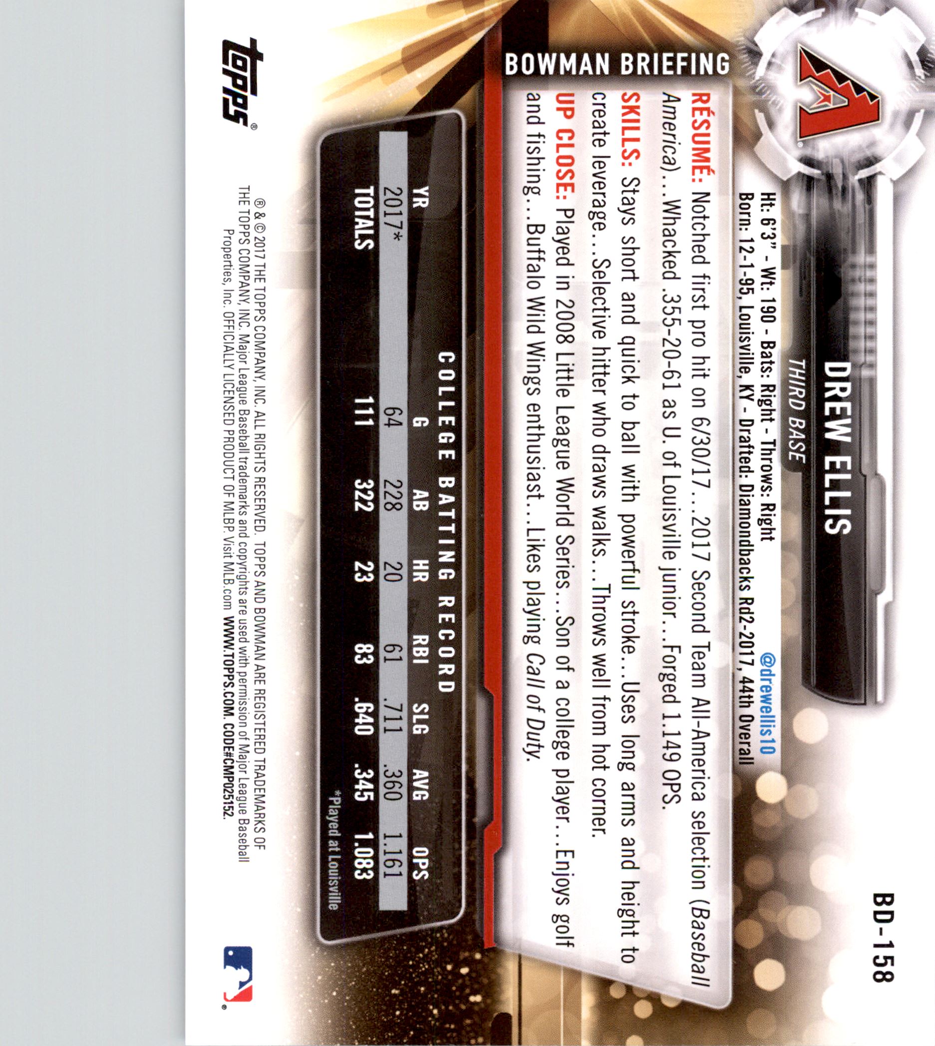 2017 Bowman Draft 5x7 #BD158 Drew Ellis back image