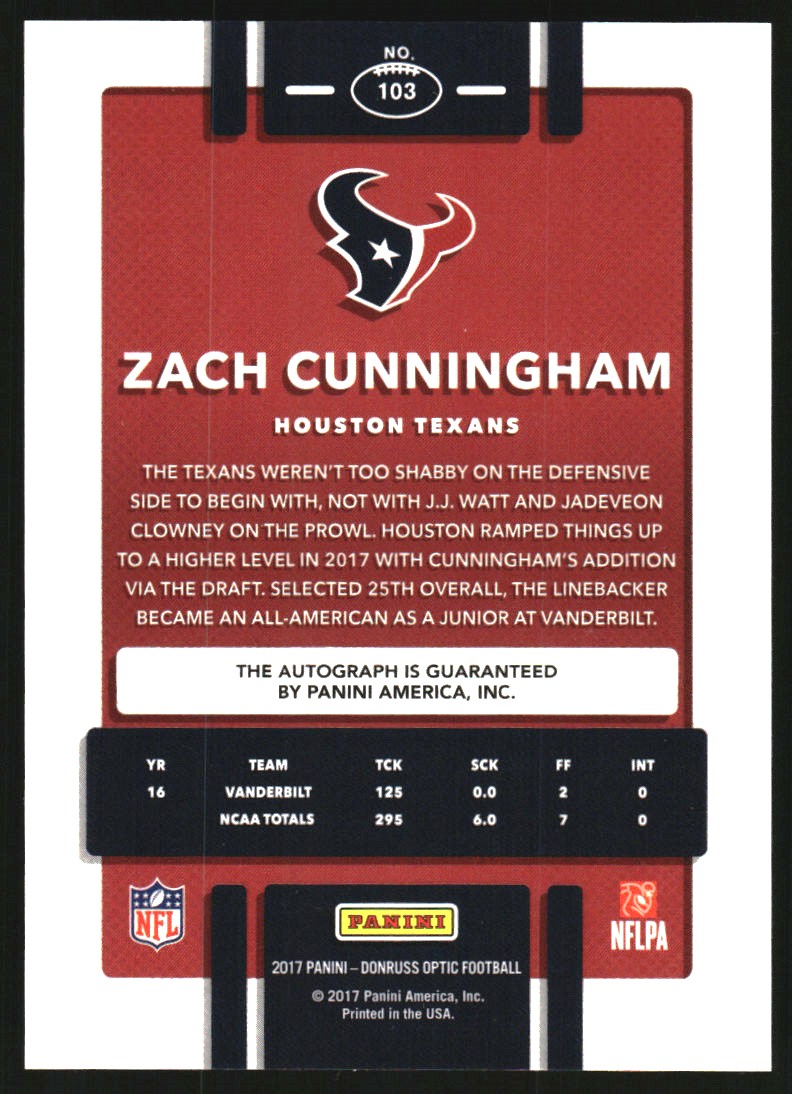 2017 Donruss Optic Rookie Autographs Bronze #103 Zach Cunningham