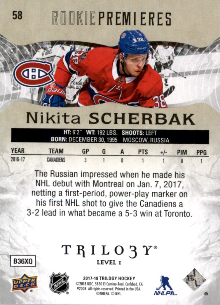 2017-18 Upper Deck Trilogy #58 Nikita Scherbak RC back image