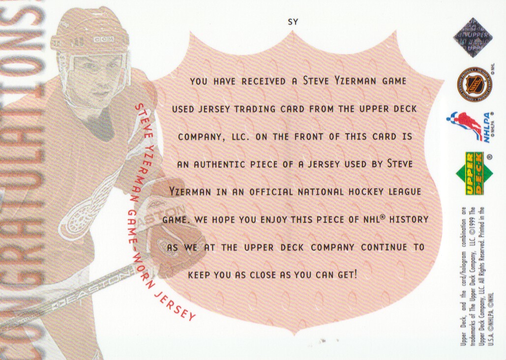 1999-00 Upper Deck Game Jerseys #SY Steve Yzerman back image