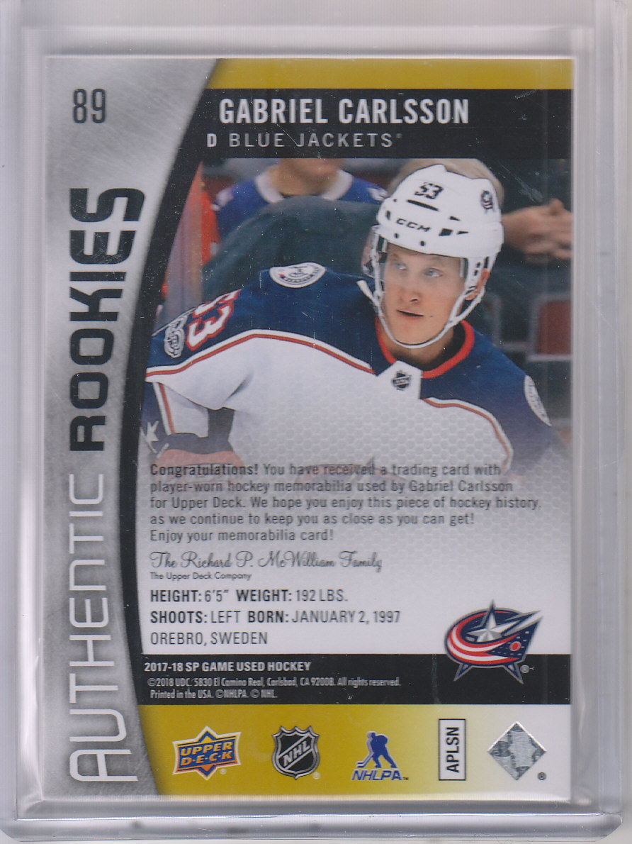 2017-18 SP Game Used Gold Spectrum #89 Gabriel Carlsson PATCH/49 back image