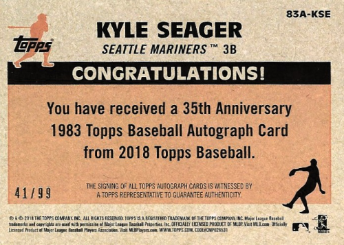 2018 Topps '83 Topps Autographs Black #83AKSE Kyle Seager/99 back image