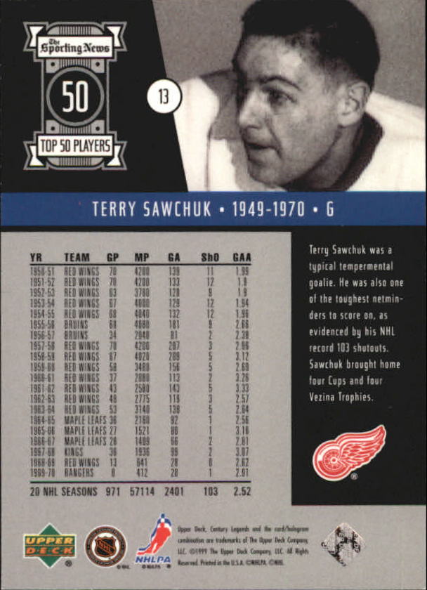 1999-00 Upper Deck Century Legends Century Collection #13 Terry Sawchuk back image