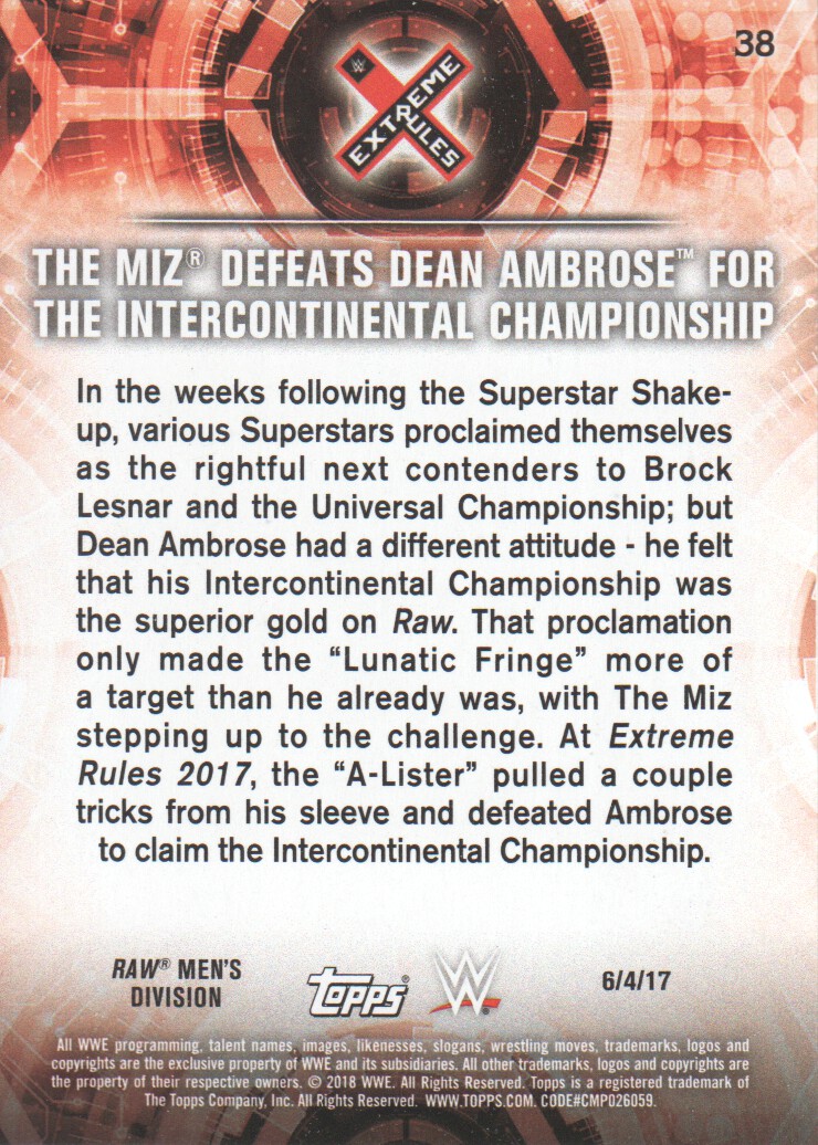 2018 Topps WWE Road to WrestleMania #38 The Miz Defeats Dean Ambrose for the Intercontinental Championship back image