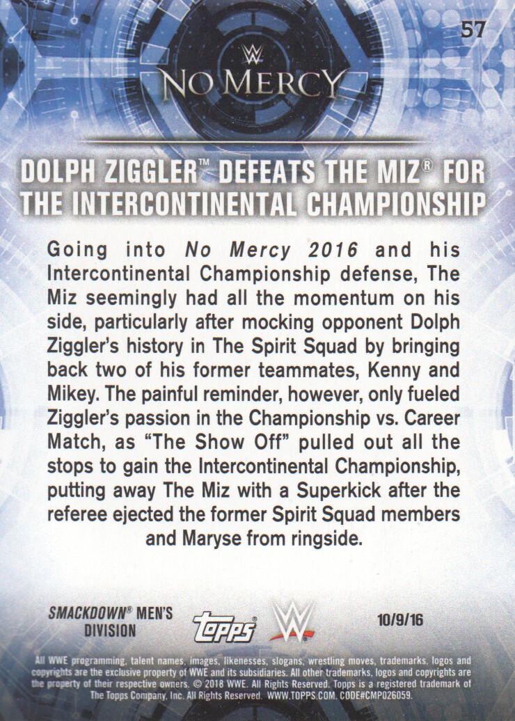 2018 Topps WWE Road to WrestleMania #57 Dolph Ziggler Defeats the Miz for the Intercontinental Championship back image