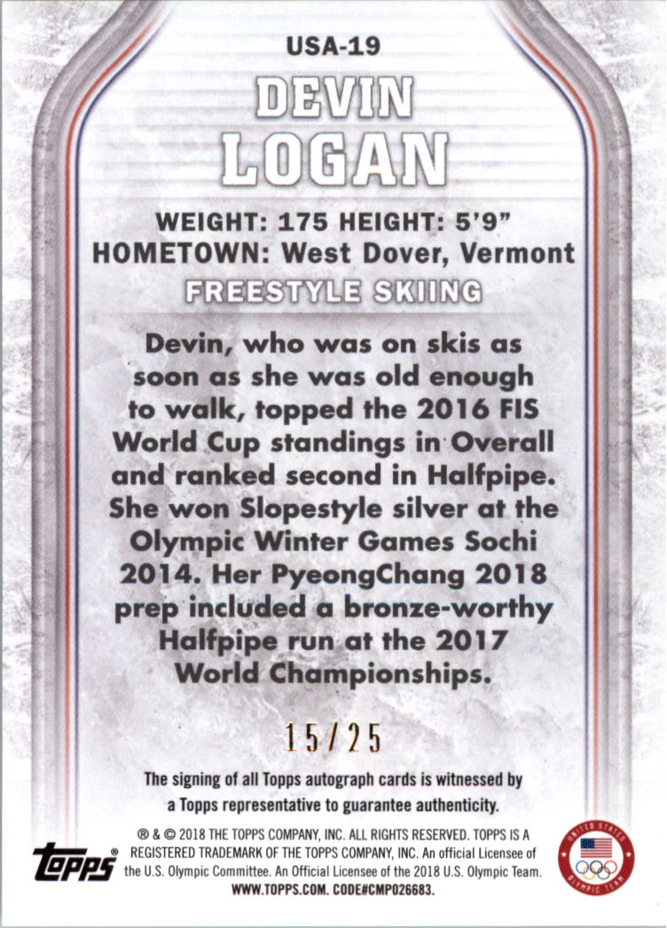 2018 Topps U.S. Olympic Team Autographs Gold #USA19 Devin Logan back image