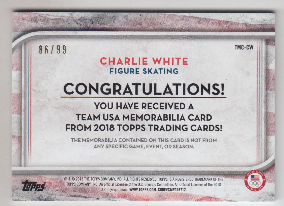 2018 Topps U.S. Olympic Team USA Memorabilia Pieces Silver #TMCCW Charlie White