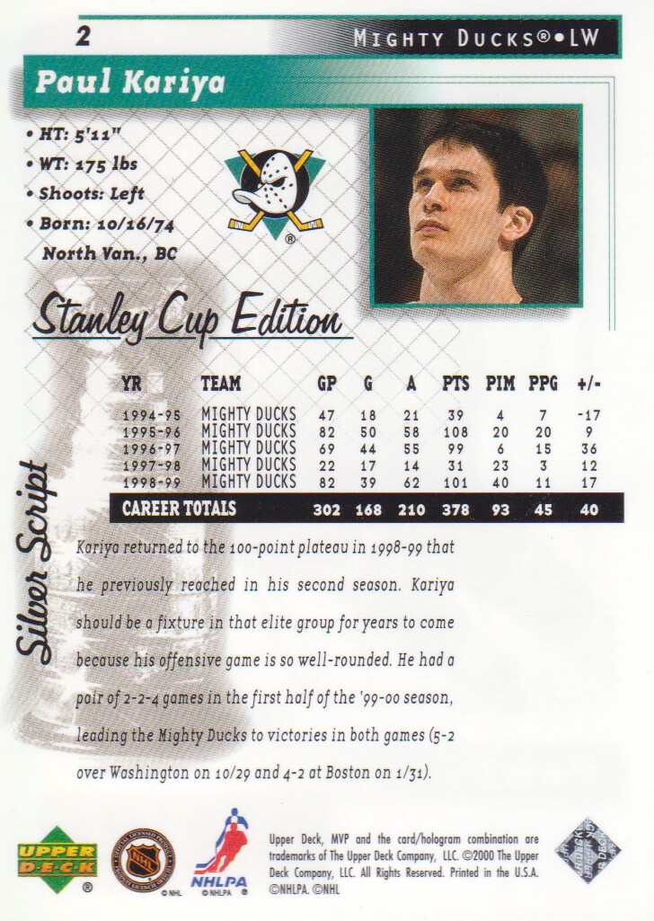 1999-00 Upper Deck MVP SC Edition Silver Script #2 Paul Kariya back image