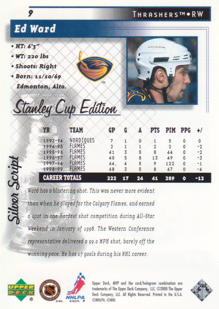 1999-00 Upper Deck MVP SC Edition Silver Script #9 Ed Ward back image
