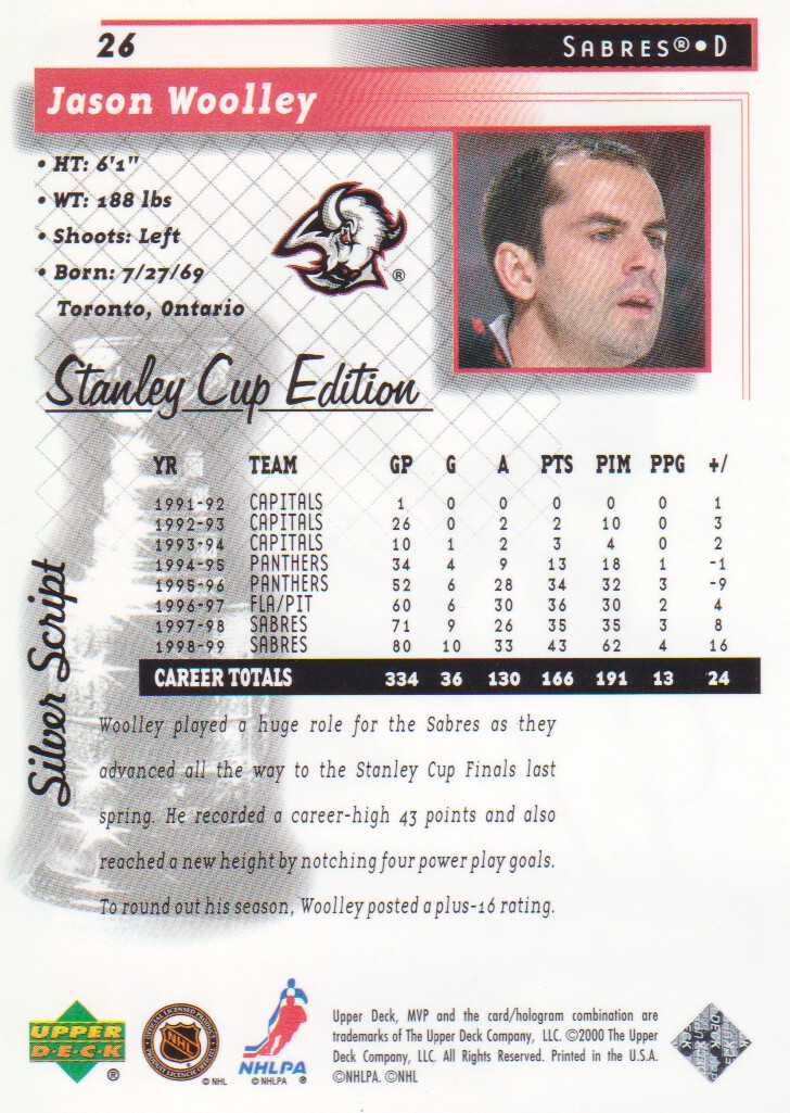 1999-00 Upper Deck MVP SC Edition Silver Script #26 Jason Woolley back image
