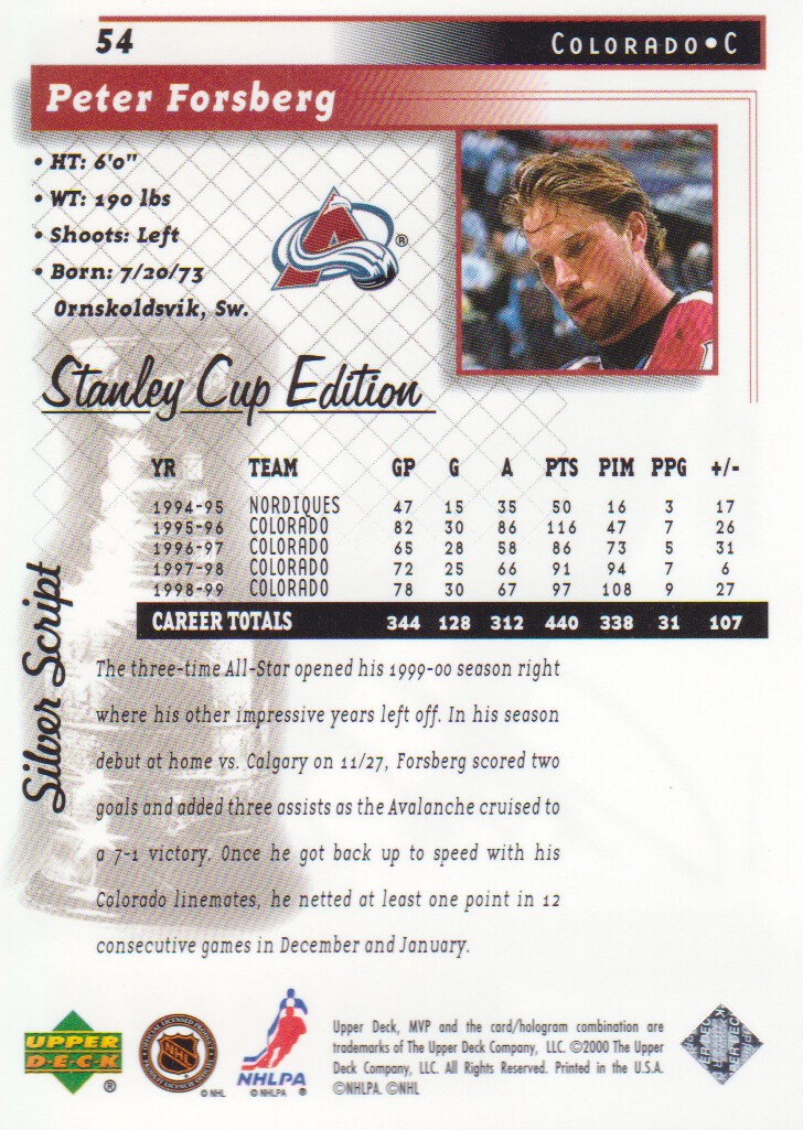 1999-00 Upper Deck MVP SC Edition Silver Script #54 Peter Forsberg back image