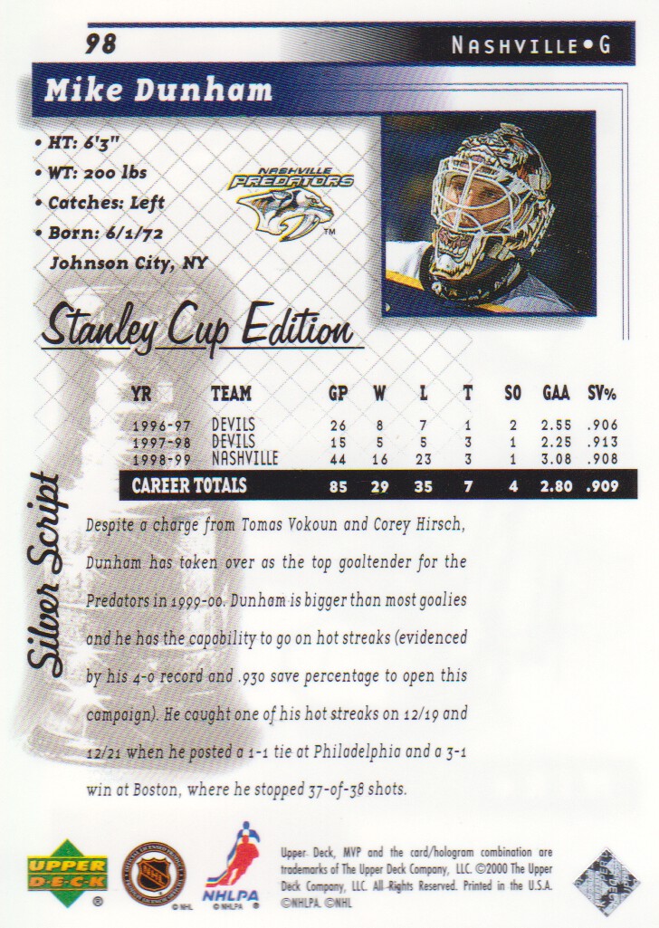 1999-00 Upper Deck MVP SC Edition Silver Script #98 Mike Dunham back image