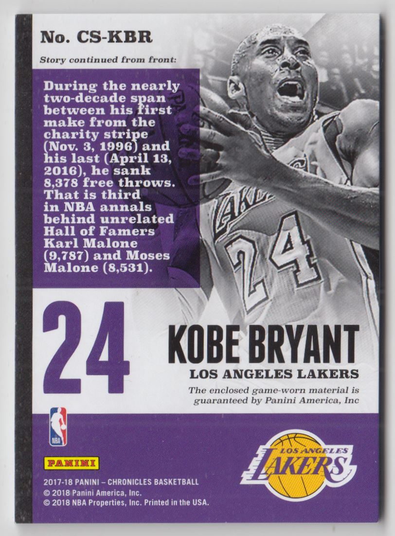 2017-18 Panini Chronicles Swatches Gold #39 Kobe Bryant back image