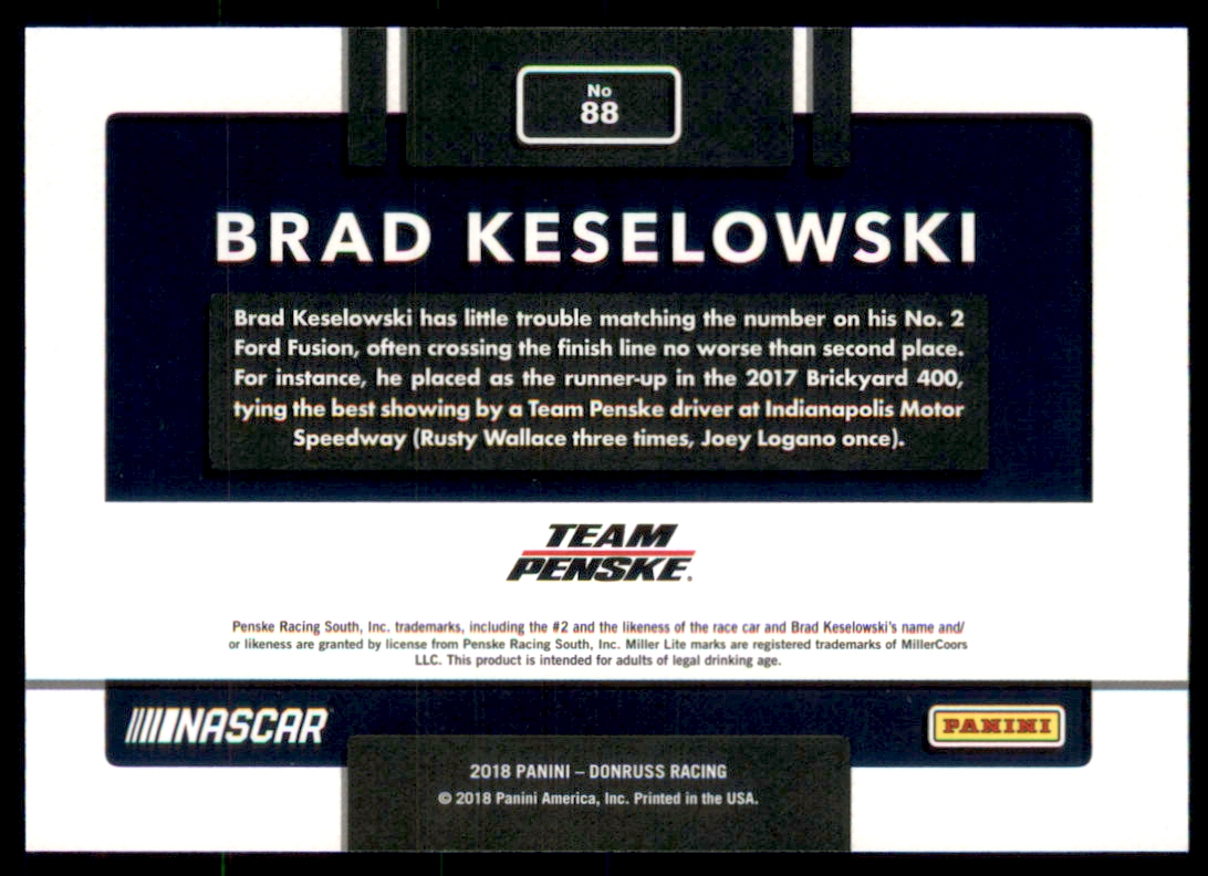 2018 Donruss Green Foil #88 Brad Keselowski CAR back image