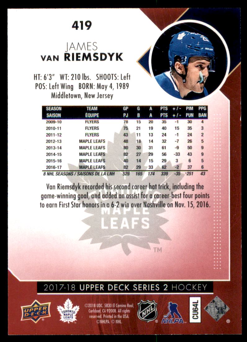 2017-18 Upper Deck Exclusives #419 James van Riemsdyk back image