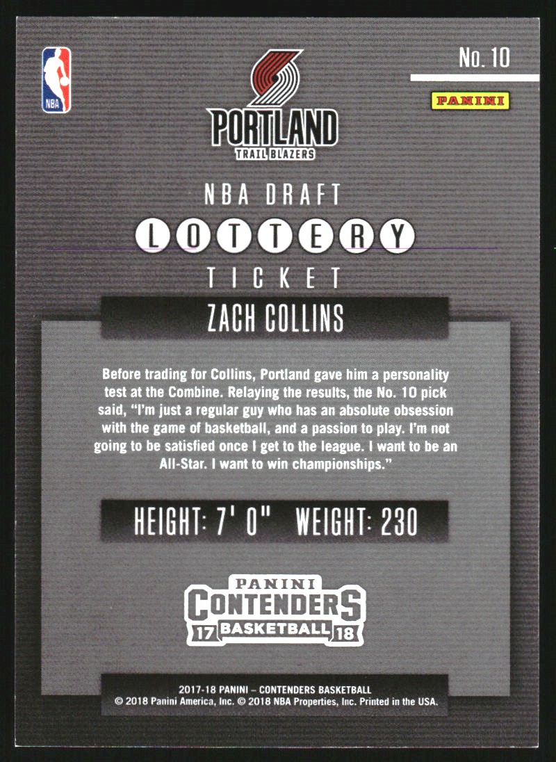 2017-18 Panini Contenders Lottery Ticket Cracked Ice #10 Zach Collins